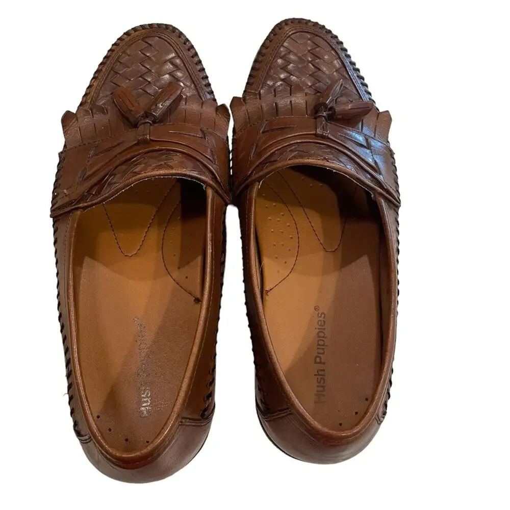 Hush Puppies Brown Leather San Remo Woven Tasseled Slip on Dress Shoes Size 9.5M